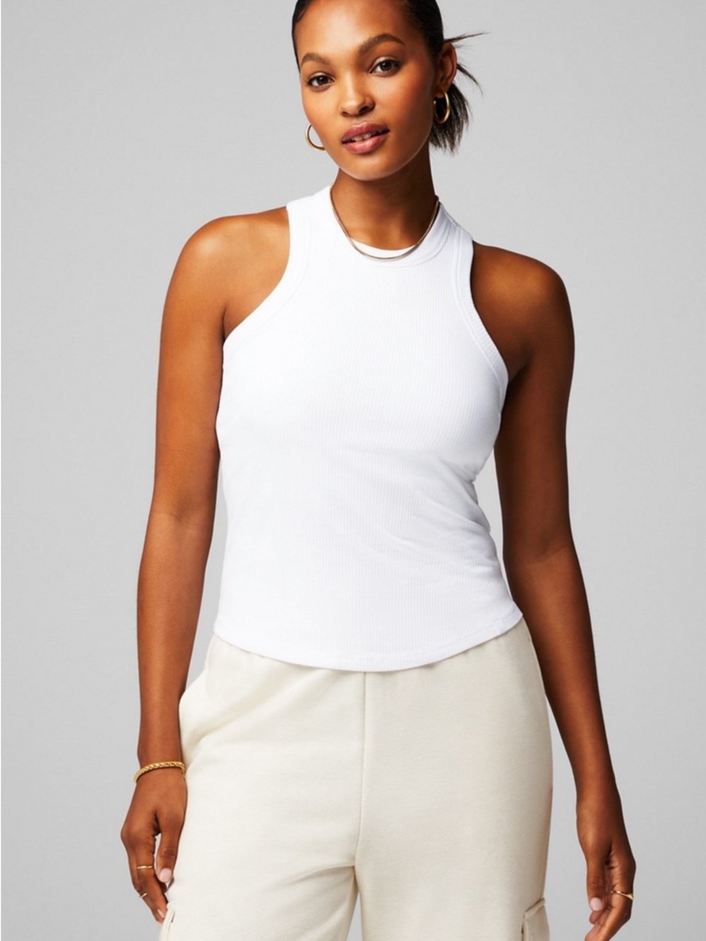 Fabletics White Ribbed High-Neck Racerback Tank - XS